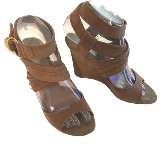 Louis Vuitton Camel Suede Wedge Ankle Wrap Sandals Gold LV Buckle Size 37 (US 7) - Picture 2 of 14